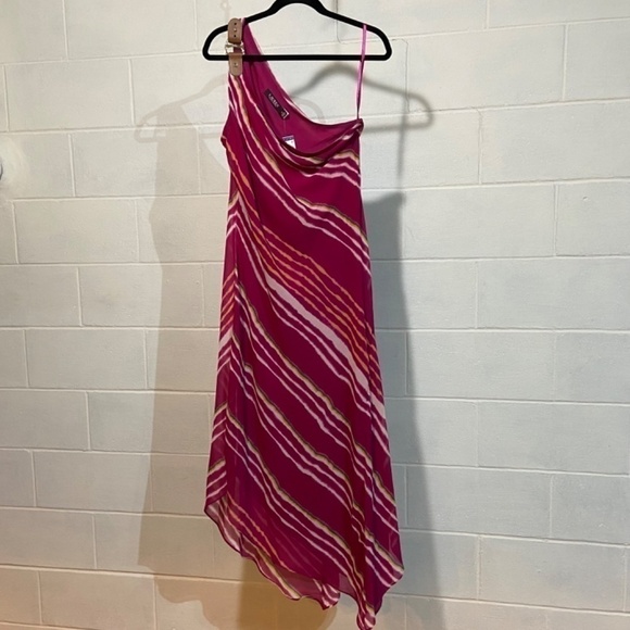 Lauren Ralph Lauren Women's Georgette Dress 12 Pink Striped One-Shoulder Wedding - Picture 1 of 10